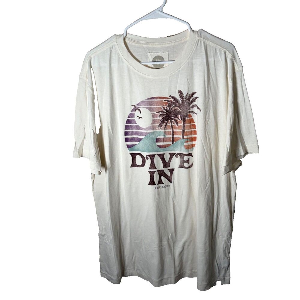 Life is Good T-Shirt Men's XL Ivory Dive Short Sleeve Crew Graphic Tee